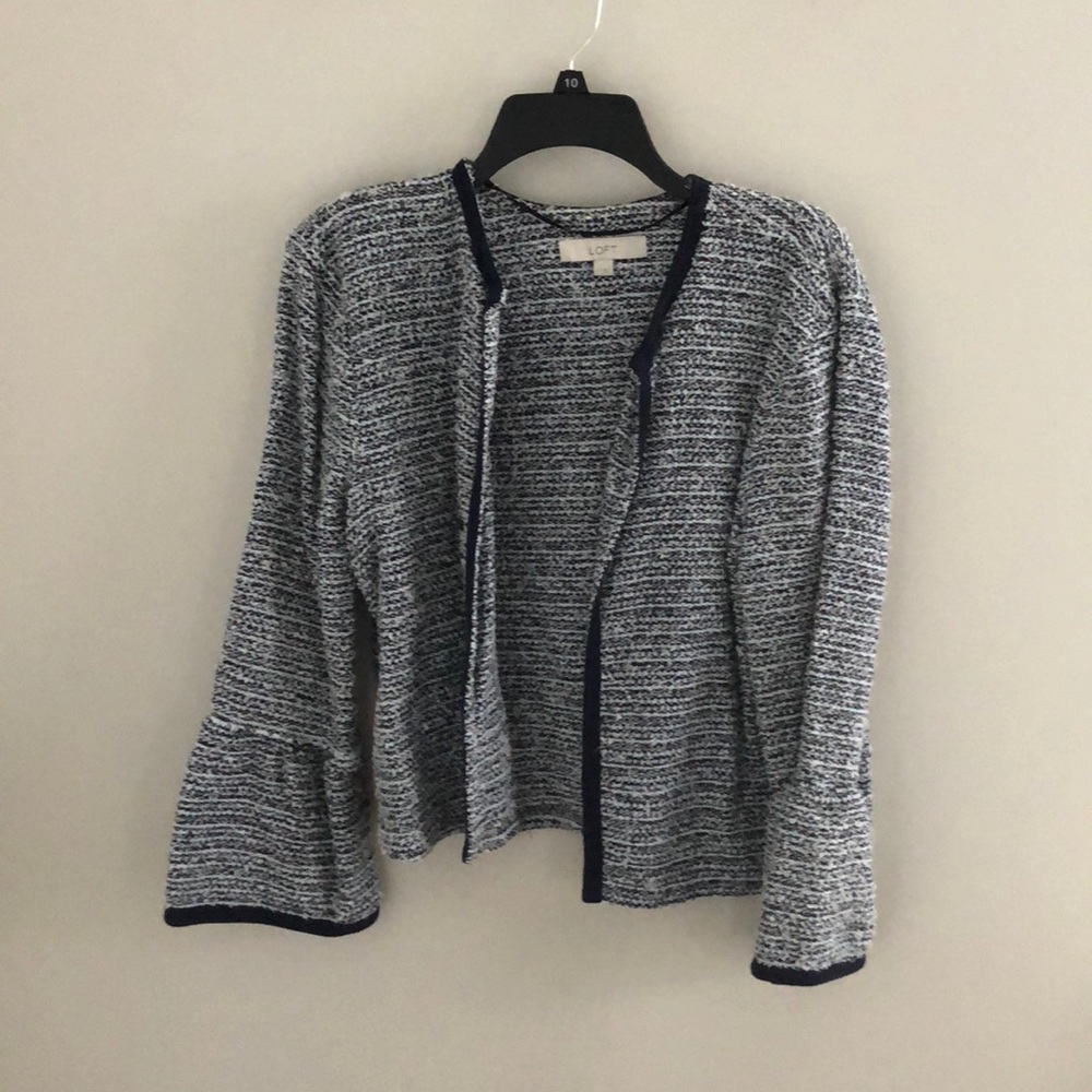 Navy and white tweed bell sleeve blazer